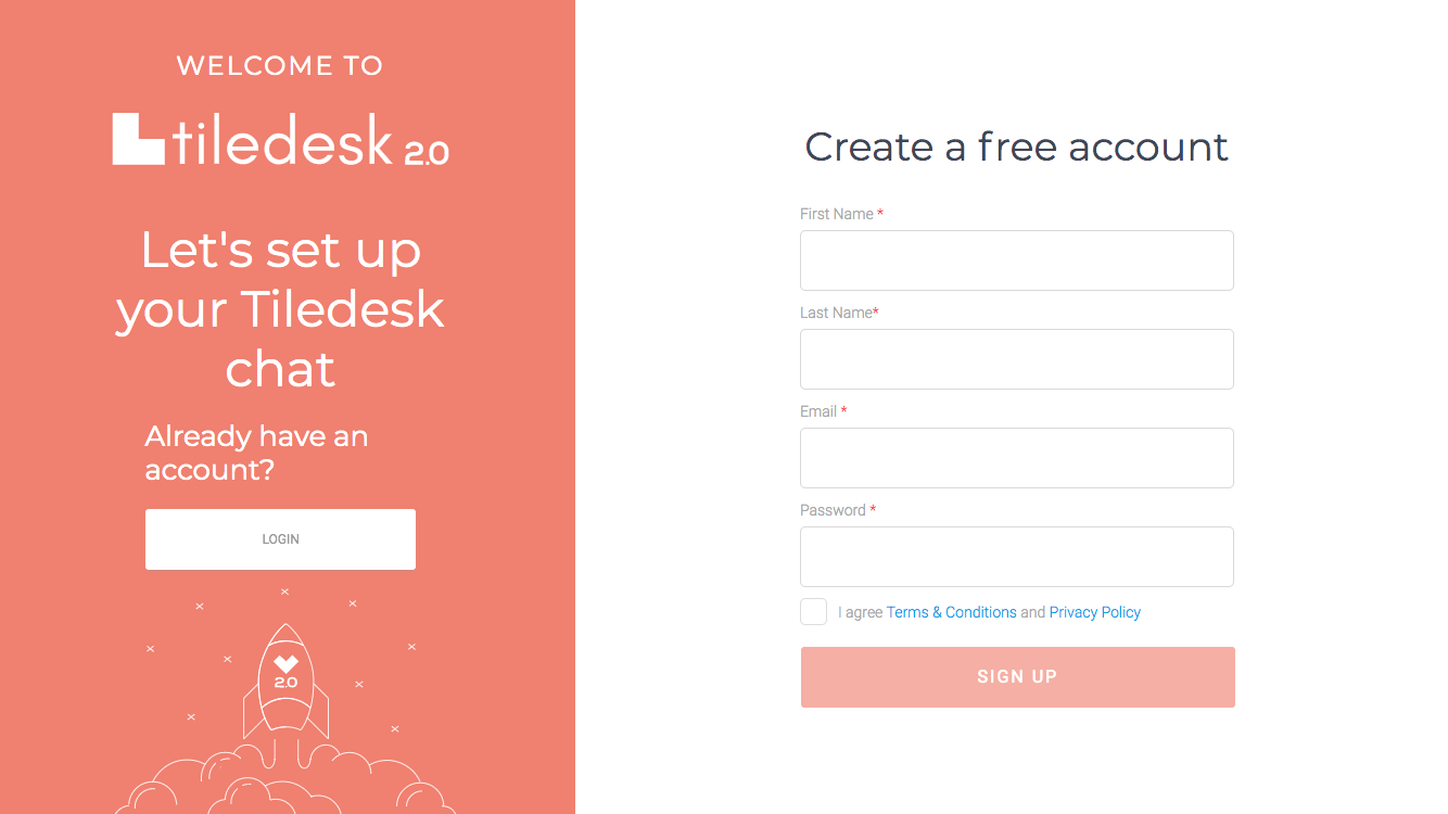 To create a Tiledesk account go the registration.