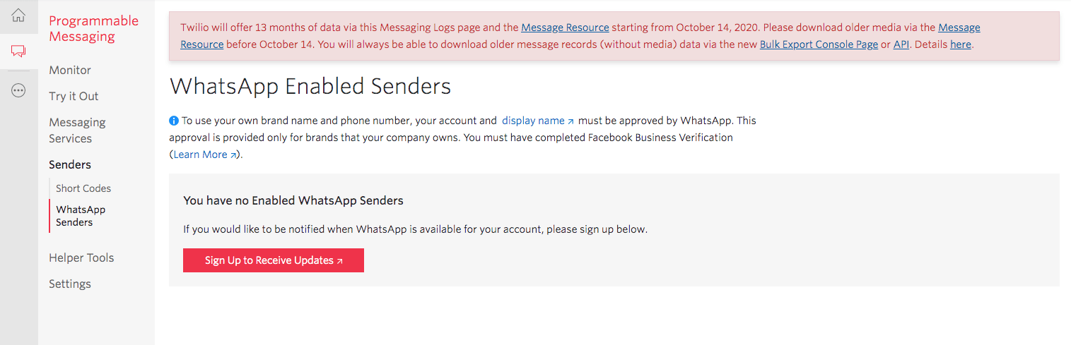 A prompt will appear asking you to read and agree to WhatsApp’s terms of service. Once you have done so, navigate to the “Senders” tab from the sidebar.