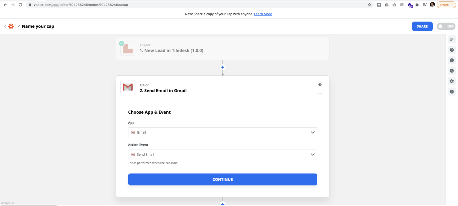 After you have selected an action, connect with your Gmail account and click “Save + Continue”. You can select your Gmail account from existing accounts or create a new account.