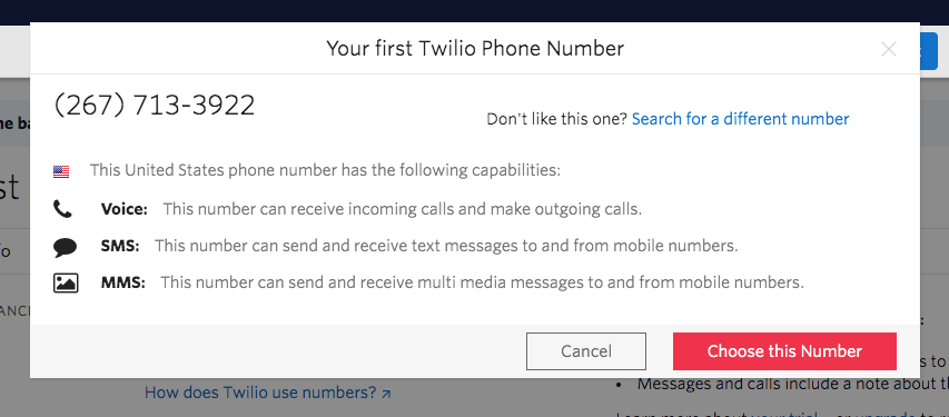 Head over to the Twilio Dashboard and press the red “Get a Trial Number” button.