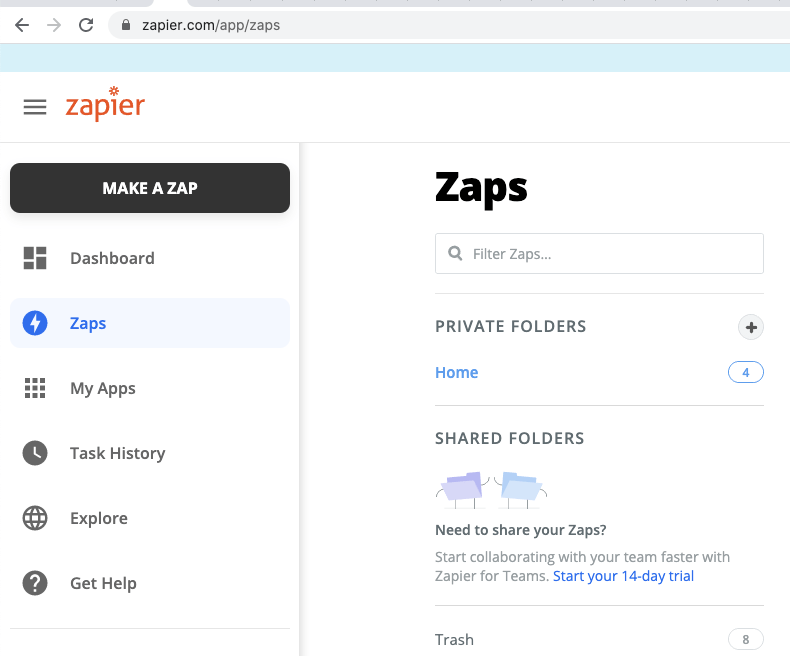 Click on Make a Zap button